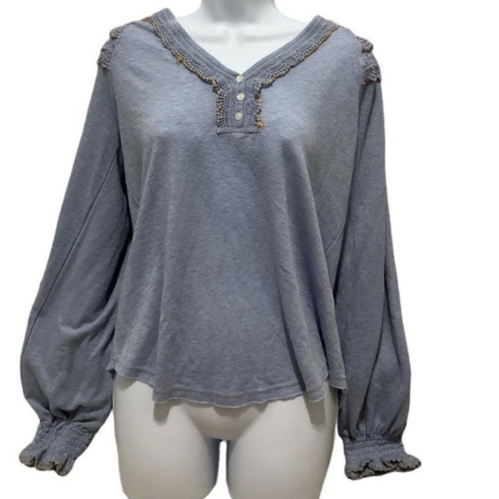 Free People Crochet Embroidered Long Sleeve Top Size S